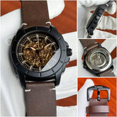 Fossil Men's  Premium Automatic Skeleton Watch – Brown Leather Strap, Black Case, 42mm